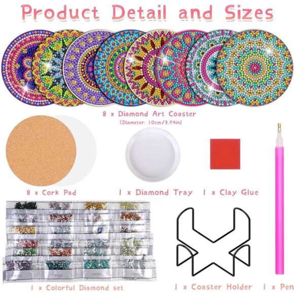 Diamond Art Painting Coasters Kit, 8 Pieces Mandala Diamond Art Coasters - Picture 3 of 7